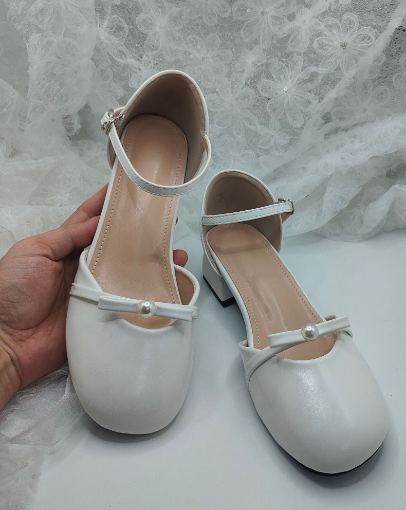 Autumn women's thick heel bow round toe flats